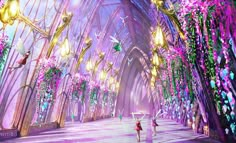 two people are walking in the middle of a tunnel with purple flowers and lights hanging from it