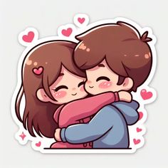 two people hugging each other with hearts in the background