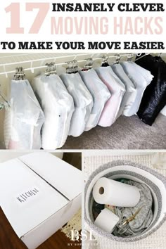 an organized closet with clothes hanging from the ceiling and boxes on the floor next to it