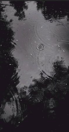 a black and white photo of raindrops in the water with trees reflected on it