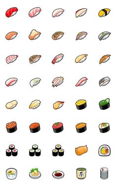 an image of sushi icons set in different colors and sizes on a white background