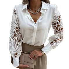 D Sepreso White Eyelet Bishop-Sleeve Button-Up Top Size M * Brand :D Sepreso * Color :White * Size : M Lace Blouse Long Sleeve, Patch Work Blouse, Jumpsuit Outfit, Collar Top, Collar Blouse, Aaliyah, Casual Blouse, Sleeves Pattern, Monokini