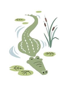 an alligator is swimming in the water with lily pads on it's back legs