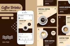 coffee drink menu templates with cup of coffee on the table and mobile phone next to them