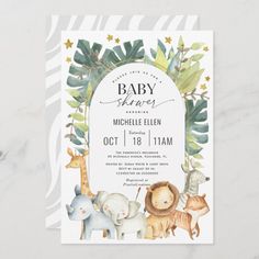 a baby shower with jungle animals and leaves on the front, along with a white background