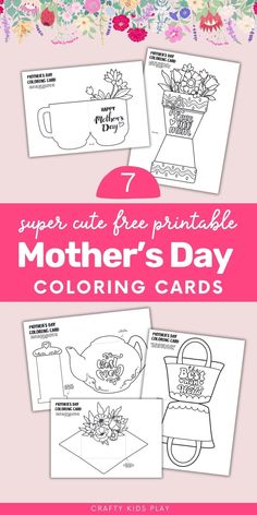 mother's day coloring cards with flowers and teapots