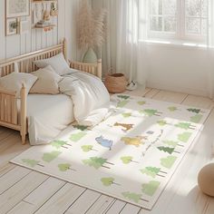 a bed room with a neatly made bed next to a window and a rug on the floor