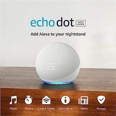 an echo dot sitting on top of a wooden table