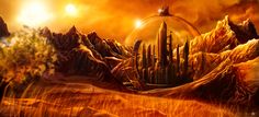 an artistic painting of a futuristic city surrounded by mountains and trees in the background is a glowing orb