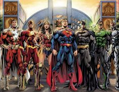 the dc comics are standing in front of an iron gate with their superheros on it