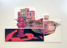 three pieces of art are displayed on a wall with red fire hydrant and buildings in the background