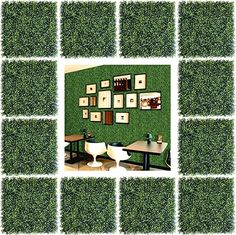 a room with green grass covering the walls and tables in front of it, as well as pictures on the wall