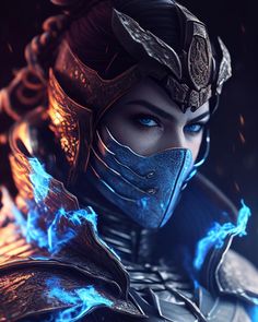 a woman in armor with blue flames on her face