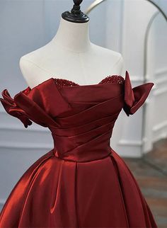 Fitted A-line Embellished Ball Gown, Embellished Fitted A-line Ball Gown, Burgundy Ball Gown For Party, Red Satin Dress For Banquet, Burgundy Ball Gown Evening Dress For Party, Red A-line Gown For Party, Burgundy A-line Evening Dress For Prom, Burgundy Satin Dress For Prom Season, Red Party Ball Gown