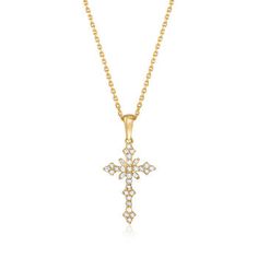 Ross-Simons - .25ct t.w. Diamond Cross Pendant Necklace Over Sterling. 16". This embellished cross pendant sparkles with .25 ct. t.w. baguette and round brilliant-cut diamonds. Perfect for special occasions or everyday wear! Crafted in polished 18kt yellow gold over sterling silver. Suspends from a cable chain with a 2" extender. Springring clasp, diamond cross pendant necklace. Diamond birthstones are the perfect gift for April birthdays. Yellow Gold Cross Diamond Necklace With Cubic Zirconia, Yellow Gold Cubic Zirconia Cross Diamond Necklace, Diamond Cross Earrings, Pendant Necklace Diamond, Diamond Birthstone, Gold Cross Necklace, Gold Cross Pendant, Diamond Cross Pendants, Diamond Cross