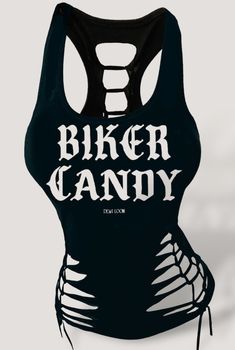 Biker Candy Festival Slashed Tank BRAND: Demi Loon FABRIC: 95% Cotton , 5% Spandex COLOR: Black DETAILS: 95% Cotton 5% Spandex Our original Biker Candy Graphics 5 Point Slashing Ribcage Slash hourglass waist effect Very Stretchy Fabric for an easy fit! Festival Vibes super stretchy racerback tank Custom slashed in Redondo Beach, CA. From our hands to your closet! Sizing: XS: 32-33" Bust Small: Bust 34-35" Medium: Bust 36-37" Large: Bust 38-39" XL: Bust 40-41" 2x: Bust 42-43" Demi Loon Slashed Te Edgy Stretch Tank Top With Graphic Print, Edgy Black Tank Top For Workout, Edgy Black Workout Tank Top, Edgy Summer Workout Tank Top, Edgy Workout Tank Top For Summer, Edgy Black Tank Top With Letter Print, Edgy Black Letter Print Tank Top, Black Fitted Biker Top, Black Stretch Edgy Tank Top