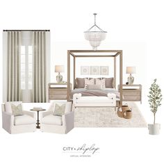 a bedroom is shown with white furniture and neutral colors, including the bed in the center