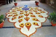 a peacock made out of flowers on the ground