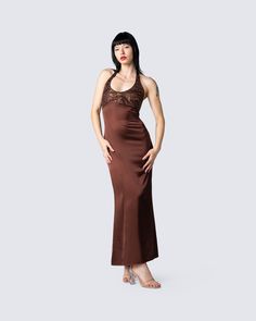 Make the outside just as beautiful as the inside while exuding elegance in this brown halter dress detailed with sequins and a tie-up back 🤎✨ Brown Dress Vintage, Brown Elegant Dress, Brown Party Dress, Brown Formal Dress, Long Brown Dress, 18th Birthday Dress, Brown Satin Dress, Brown Halter Dress, Brown Dresses Formal