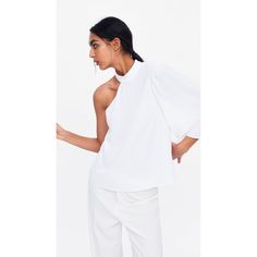 New With Tags Asymmetric White Blouse Chic Summer Office Tops, White Asymmetrical Tops For Workwear, White Asymmetrical Tops For Work, White Tops With Asymmetrical Neckline For Summer, Versatile Party Tops With Asymmetrical Hem, Modern Fitted Blouse With Asymmetrical Neckline, Elegant One-shoulder Summer Blouse, Elegant One Shoulder Blouse For Day Out, Party Tops With Asymmetrical Hem