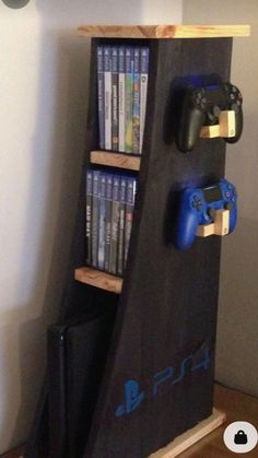 a book shelf made out of a video game system