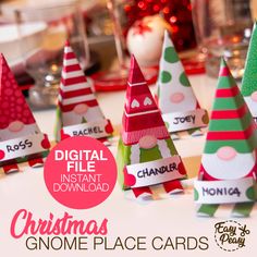 christmas gnome place cards on a table with red and green trees in the background, text reads digital file instant instant printable