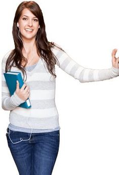 a woman holding a book and listening to music