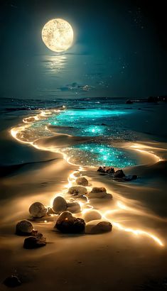 a beach with rocks and lights on the sand under a moon lit sky at night