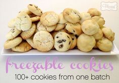 a pile of cookies sitting on top of a white plate with the words, freeable cookies 100 + cookies from one batch