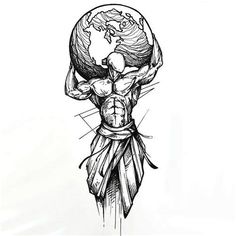 an ink drawing of a man holding the world on his back with arrows coming out of it