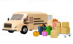 3d white delivery van, truck with gift box, packaging, goods cardboard