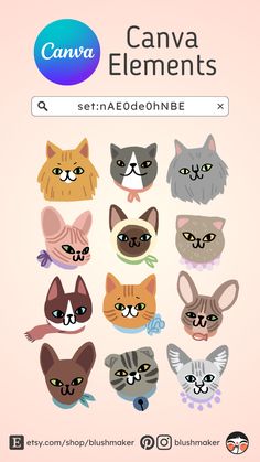 a bunch of cats that are on top of a pink background with the words canva elements