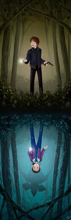 two people in the middle of a forest with one upside down and another standing on his back