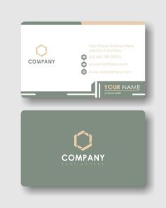 two business cards with hexagonal shapes on the front and back, both in gold and green