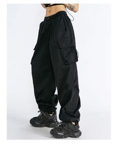 Sonicelife Early Autumn New wide leg women's pants design feel loose a Oversized Black Cargo Pants With Cargo Pockets, Solid Color Wide Leg Parachute Pants For Streetwear, Solid Wide Leg Parachute Pants For Streetwear, Baggy Black Wide-leg Cargo Pants, Black Baggy Wide-leg Cargo Pants, Oversized Black Parachute Pants With Pockets, Trendy Oversized Black Pants, Black Oversized Bottoms With Cargo Pockets, Black Wide Leg Pants With Cargo Pockets For Streetwear