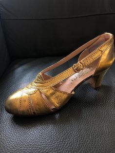 1930s Gold Leather Evening Shoes | Etsy Classic Gold Heels For Formal Occasions, Classic Gold Heels, Classic Gold Heels With Round Toe, Formal Gold Heels With Almond Toe, Gold Almond Toe Heels For Formal Occasions, Classic Gold Heels With Leather Sole, Gold Classic Heels For Party, Gold Heels With Leather Sole For Party, Classic Gold Round Toe Heels