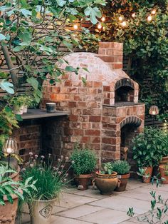 an outdoor brick oven surrounded by potted plants