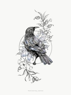 a drawing of a bird sitting on top of a tree branch with flowers around it