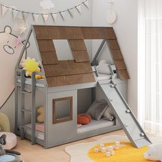 a child's bedroom with a bunk bed and slide in the corner, next to a teddy bear