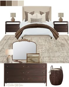 a bedroom is shown with brown furniture and pillows on the bed, along with other accessories