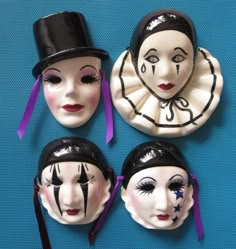 !Here are 4 beautiful hand painted decorative Mardi Gras ceramic masks; mimes or pierrots from New Orleans, in black & white. Three of them are by Fancy Faces Co. & one by Cast of Millions. These are the smaller masks, ranging from 6.25" x 5.5" to 4" x 3.5". They are very cute & in excellent condition. Offered at a great price! Thank you for stopping by! Kitschy Halloween, Vintage Masks, Mask Ceramic, Ceramic Masks, Clown Core, Clown Face, Mask Collection, Ceramic Mask, Ball Mask