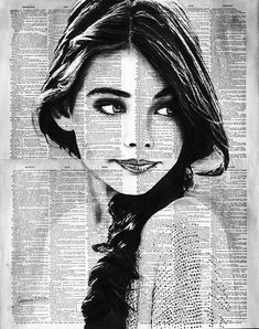 a woman's face is drawn on top of an old book page with black and white