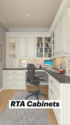 a computer desk sitting in the middle of a room next to a chair and bookshelf