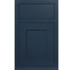 a dark blue cabinet door with two doors and one drawer in the middle, against a white background