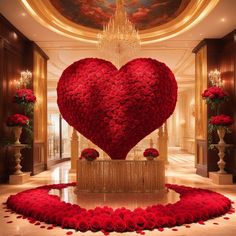 a large heart surrounded by roses in the middle of a room with chandelier