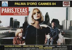 the movie poster for paris, texas is shown in front of a cityscape