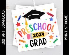 a graduation card with the words preschool and stars around it, on top of a white background