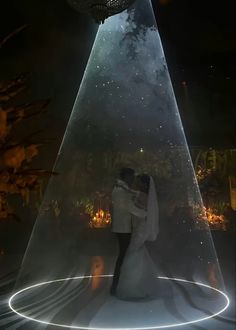 a bride and groom standing in front of a large light - up christmas tree at night