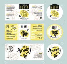 honey business card templates with bee and honey symbols on the front, back and side