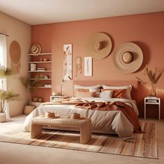 a bedroom decorated in shades of peach and brown with hats on the wall above the bed